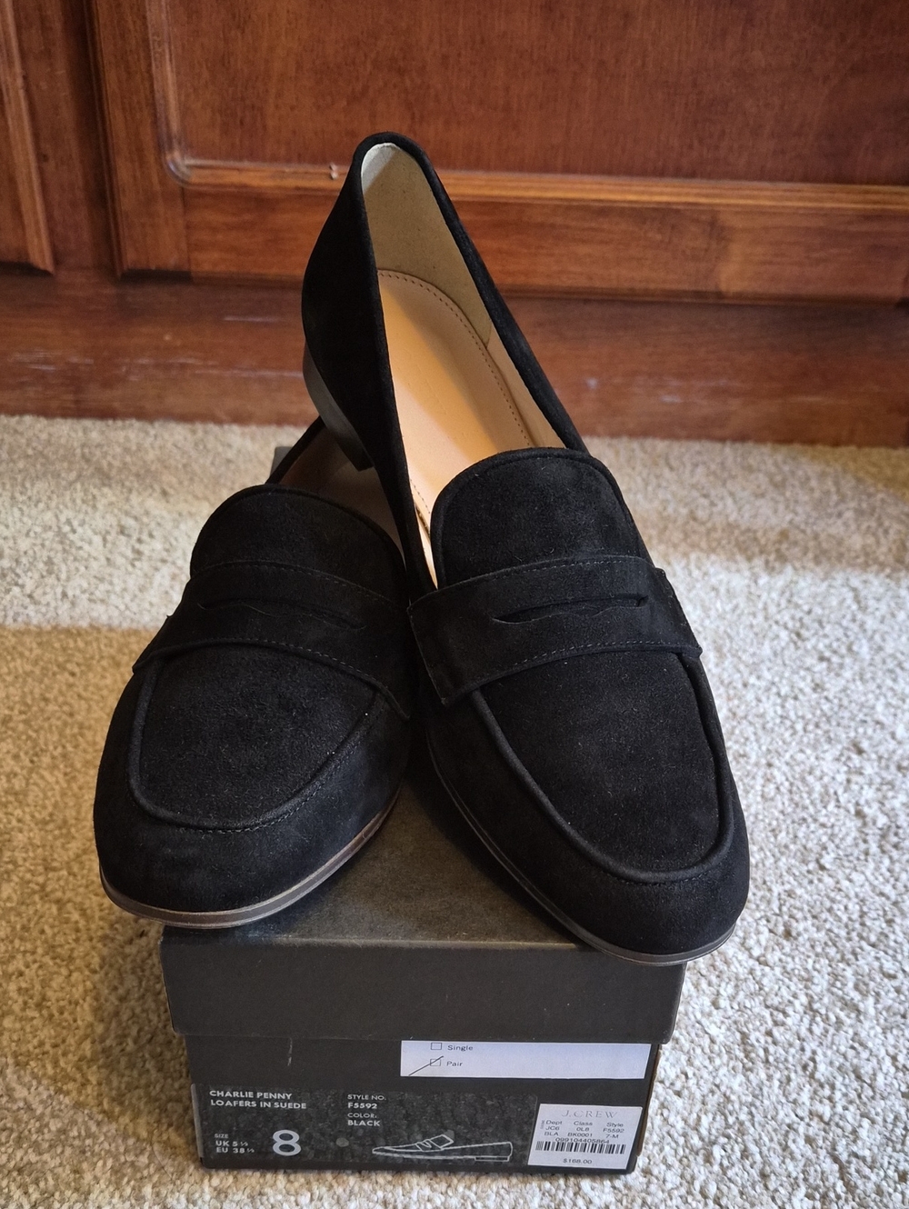 NIB J. Crew Black Genuine Suede Penny Loafers with Seam Detailing Sz 8